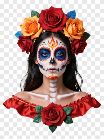 Woman With Sugar Skull Makeup And Floral Crown PNG