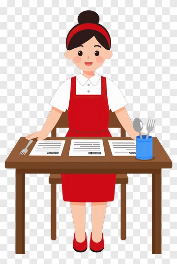 Cartoon Waitress Standing At A Table PNG