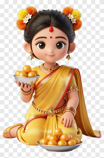 Cartoon Girl Holding Sweets In A Traditional Outfit PNG