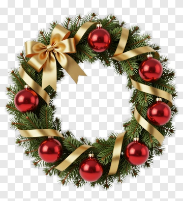 Christmas Wreath With Red Ornaments And Gold Ribbon PNG