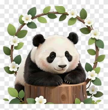 Cute Panda Sitting On A Tree Stump Surrounded By Flowers PNG