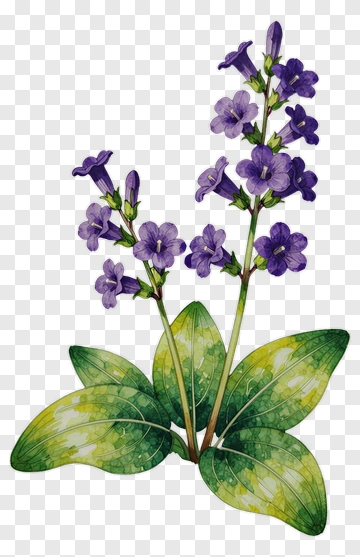Watercolor Violet Flower With Green Leaves PNG
