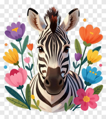 Cartoon Zebra Surrounded By Colorful Flowers PNG
