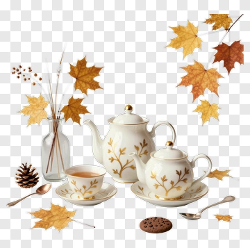 Tea Set With Autumn Leaves And Pinecone PNG