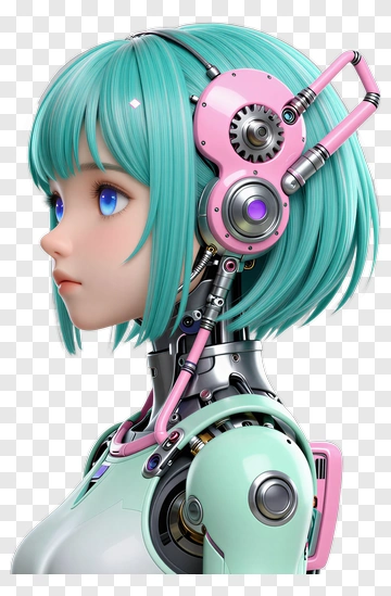 3D Robot Girl With Pink Headphones PNG
