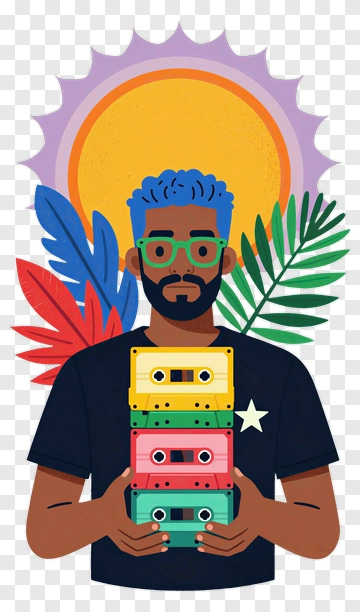 Man Holding Colorful Cassette Tapes With Tropical Background PNG