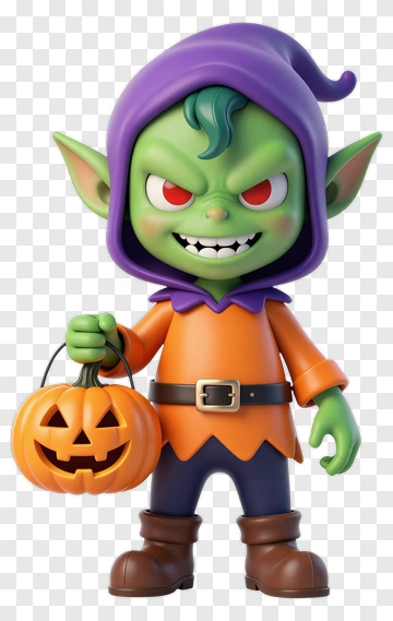 Cartoon Goblin Holding A Halloween Pumpkin Bucket PNG
