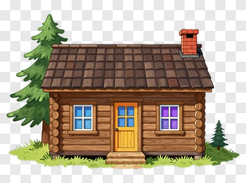 Cartoon Log Cabin With Green Trees PNG