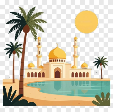 Desert Palace With Palm Trees And Sun PNG