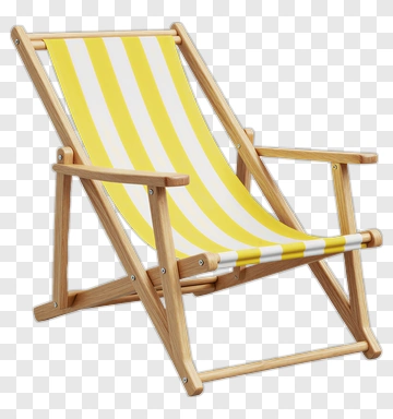 Wooden Deck Chair With Yellow And White Stripes PNG