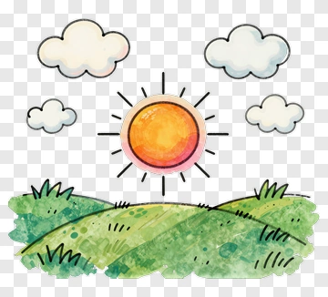 Watercolor Sun Over Green Hills PNG