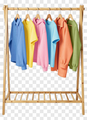 Colorful T-Shirts On A Wooden Rack PNG