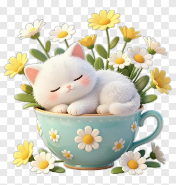 Sleeping Cat In A Floral Teacup PNG