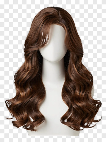 Wavy Brown Wig On A Display Head PNG