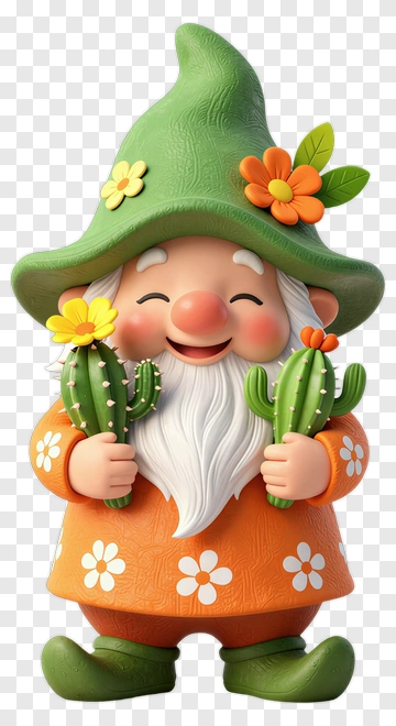 Happy Gnome Holding Cacti PNG