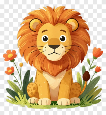 Cartoon Lion Sitting Among Flowers PNG