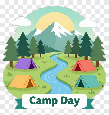 Camp Day Illustration With Tents And Mountains PNG