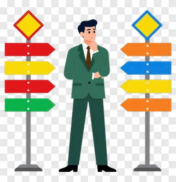 Businessman Thinking Among Directional Signs PNG