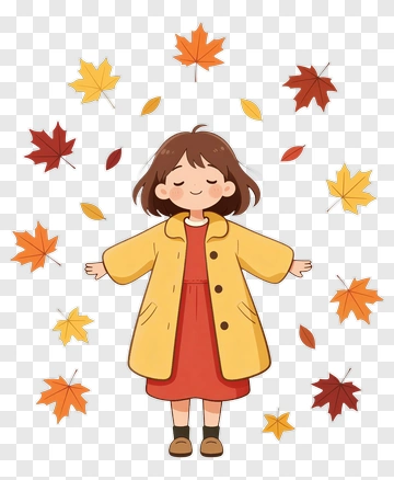 Girl In Yellow Coat Surrounded By Falling Leaves PNG