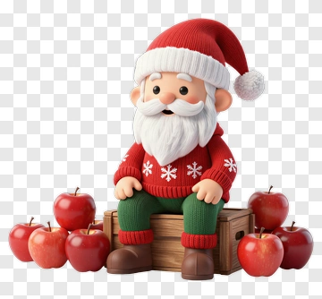 3D Santa Claus Sitting On A Wooden Box With Apples PNG