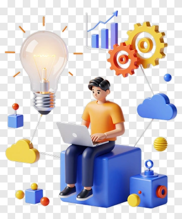 3D Businessman Working On Laptop With Light Bulb And Graph PNG