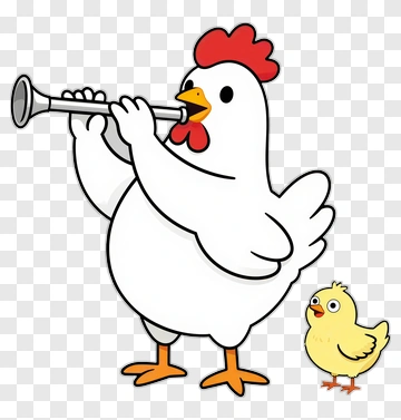 Cartoon Chicken Playing A Trumpet With A Chick PNG