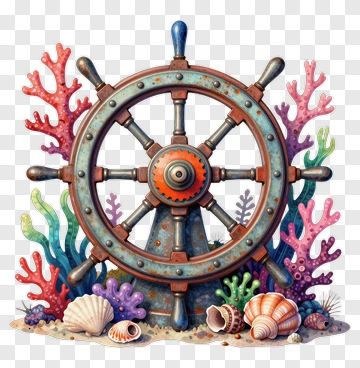 Colorful Ship's Wheel Surrounded By Coral And Shells PNG