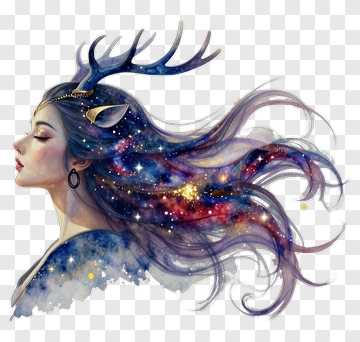 Woman With Galaxy Hair And Antlers PNG