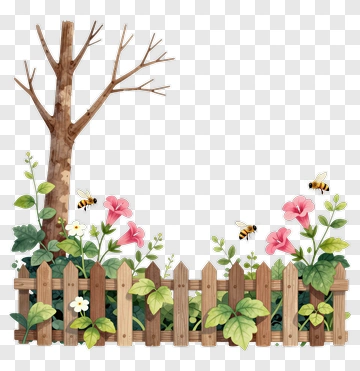 Wooden Fence With Flowers And Tree PNG
