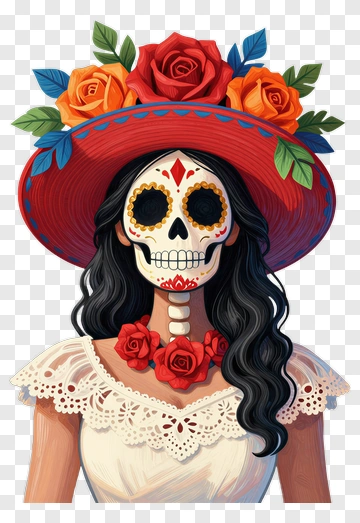 Colorful Sugar Skull Woman In Floral Hat PNG