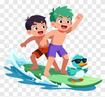 Cartoon Boys Surfing With A Duck PNG