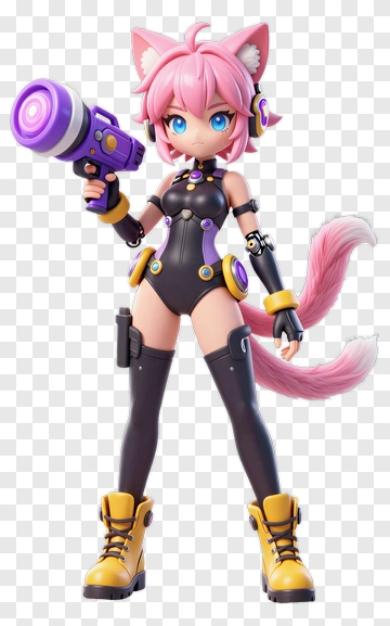 3D Cat Girl Holding A Purple Blaster PNG