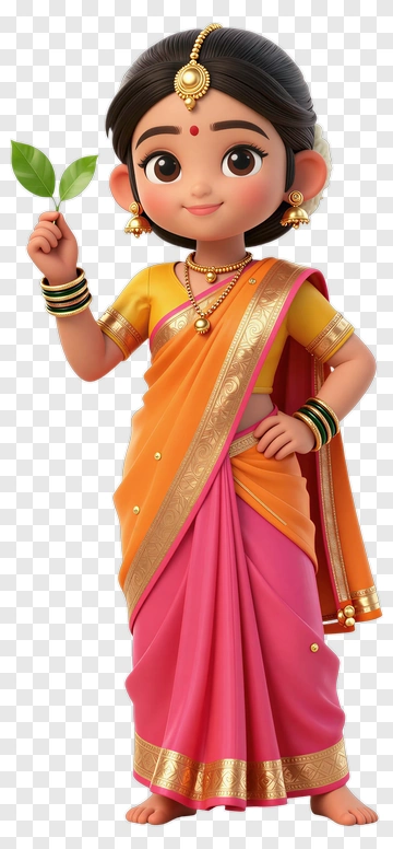 Cartoon Girl Holding A Leaf In Traditional Dress PNG