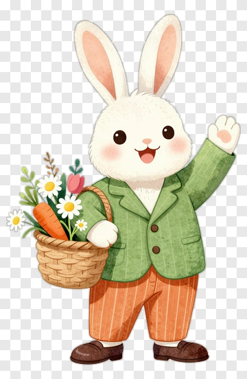Cartoon Bunny Holding A Basket Of Flowers And Carrots PNG
