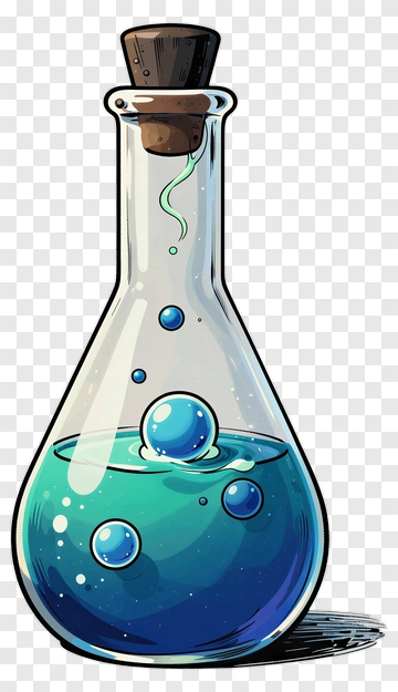 Cartoon Flask With Blue Liquid And Bubbles PNG