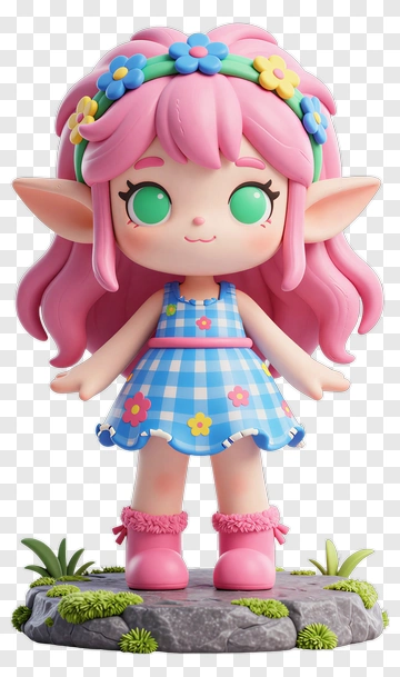 3D Fairy Figurine With Pink Hair And Flower Dress PNG