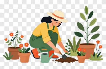 Gardener Tending To Plants In A Flower Pot PNG