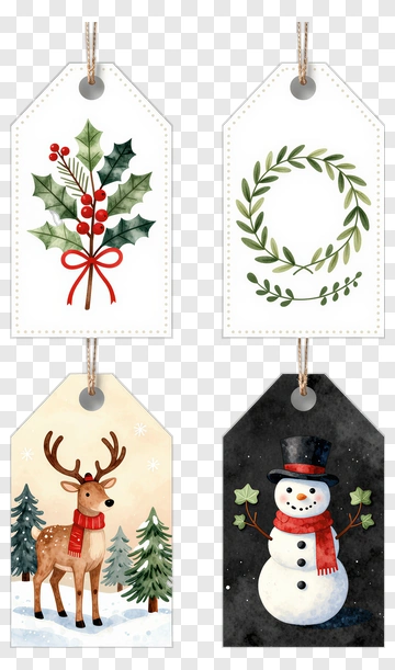 Christmas Gift Tags With Holly, Wreath, Reindeer, And Snowman PNG