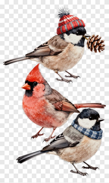 Colorful Birds With Winter Accessories PNG