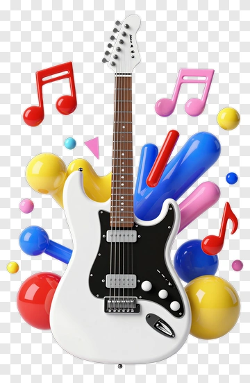 Electric Guitar Surrounded By Colorful Music Notes And Shapes PNG