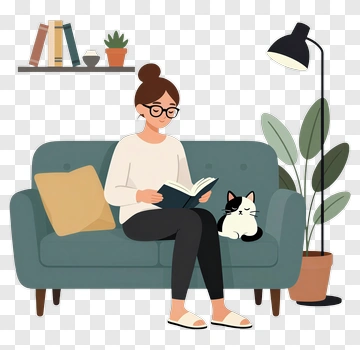 Woman Reading On A Couch With A Cat PNG
