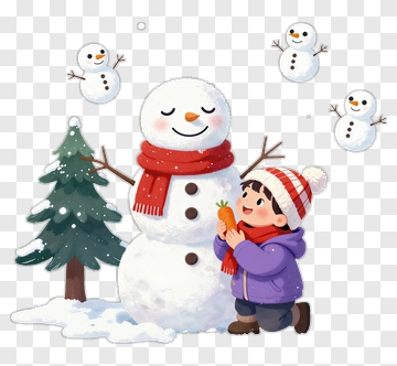 Child Building A Snowman With Snowflakes PNG