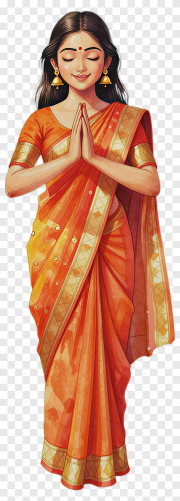Woman In Orange Saree With Hands In Prayer Pose PNG