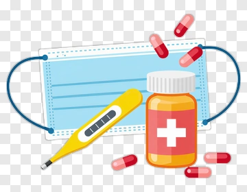 Medical Supplies Including Mask, Thermometer, And Pills PNG