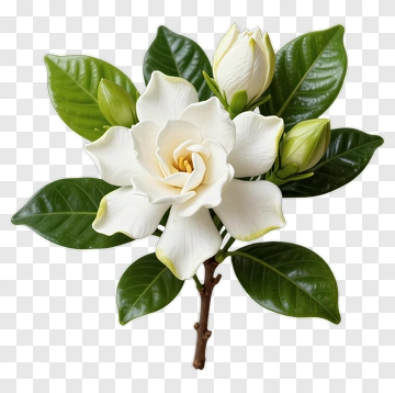 White Gardenia Flower With Green Leaves PNG