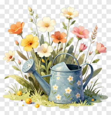Watering Can Surrounded By Colorful Flowers PNG