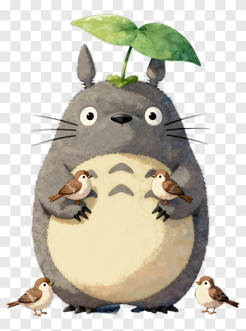 Cartoon Totoro Holding Two Birds PNG