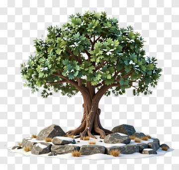3D Tree With Rocks And Grass PNG