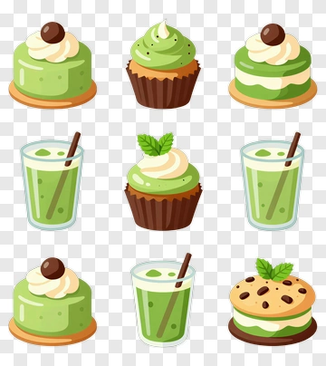 Desserts And Beverages With Green Tones PNG