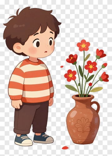 Cartoon Boy Standing Beside A Flower Vase PNG